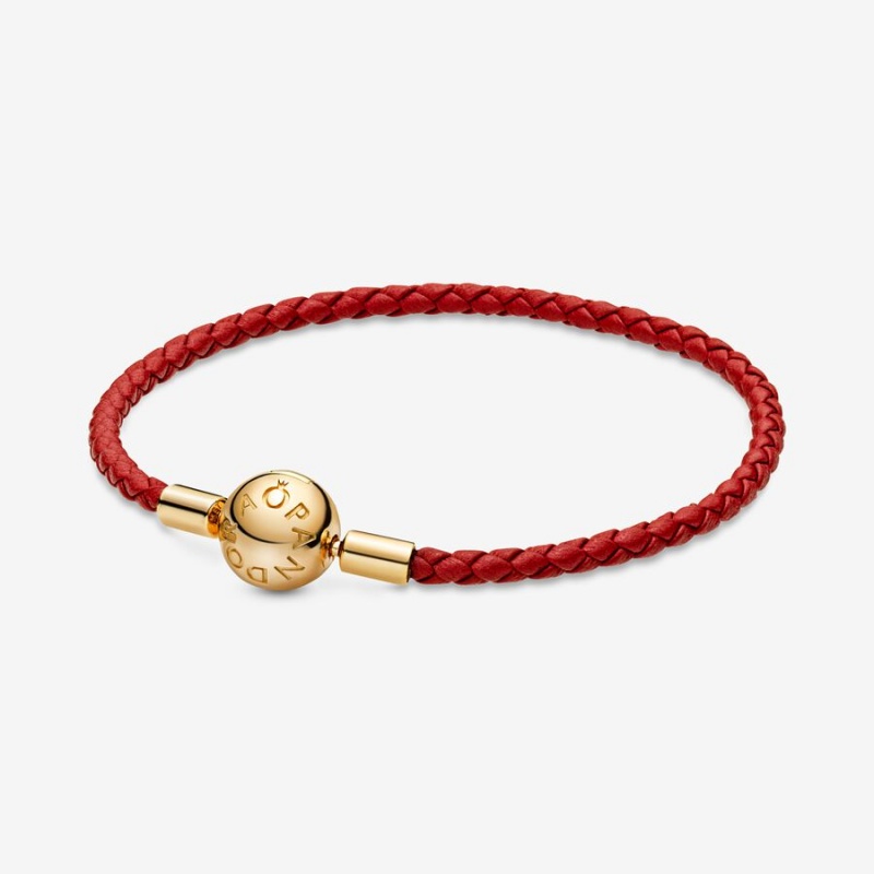 Pandora Moments Red Woven Leather Charm Bracelets Gold Plated | 302-VDFIZN