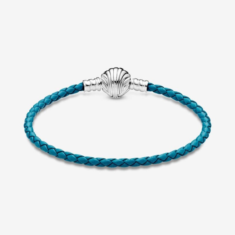 Pandora Moments Seashell Clasp Turquoise Braided Leather Charm Holders Sterling Silver | 283-UKPNIR