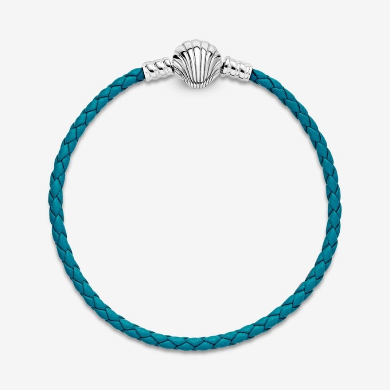 Pandora Moments Seashell Clasp Turquoise Braided Leather Charm Holders Sterling Silver | 283-UKPNIR