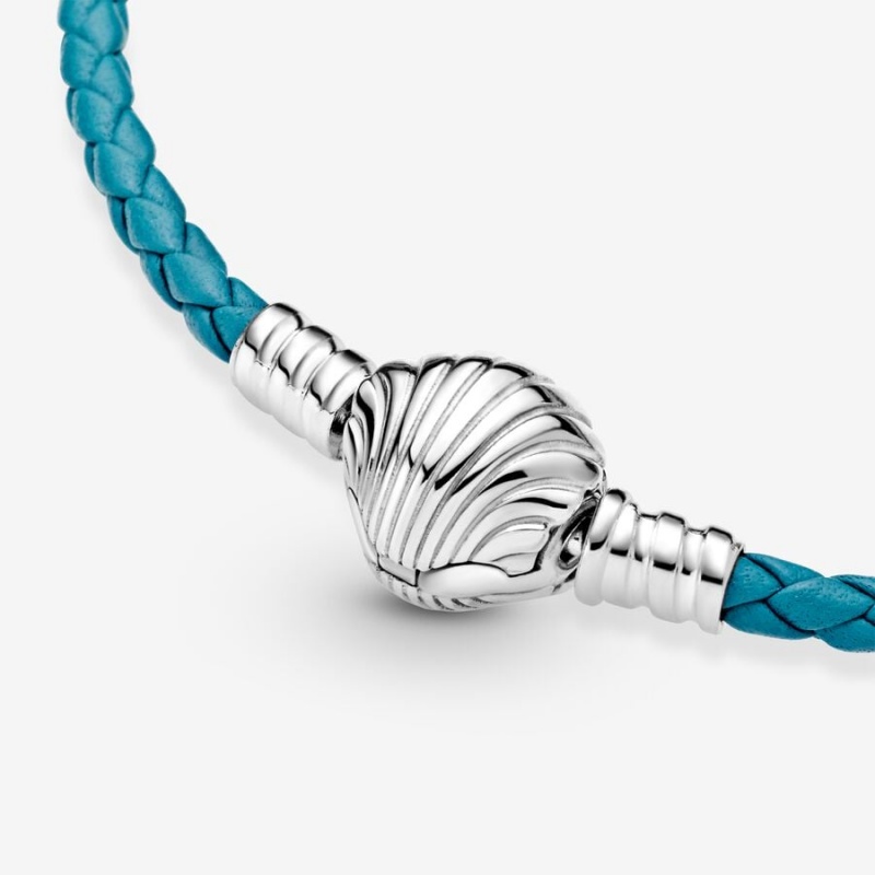 Pandora Moments Seashell Clasp Turquoise Braided Leather Charm Holders Sterling Silver | 283-UKPNIR