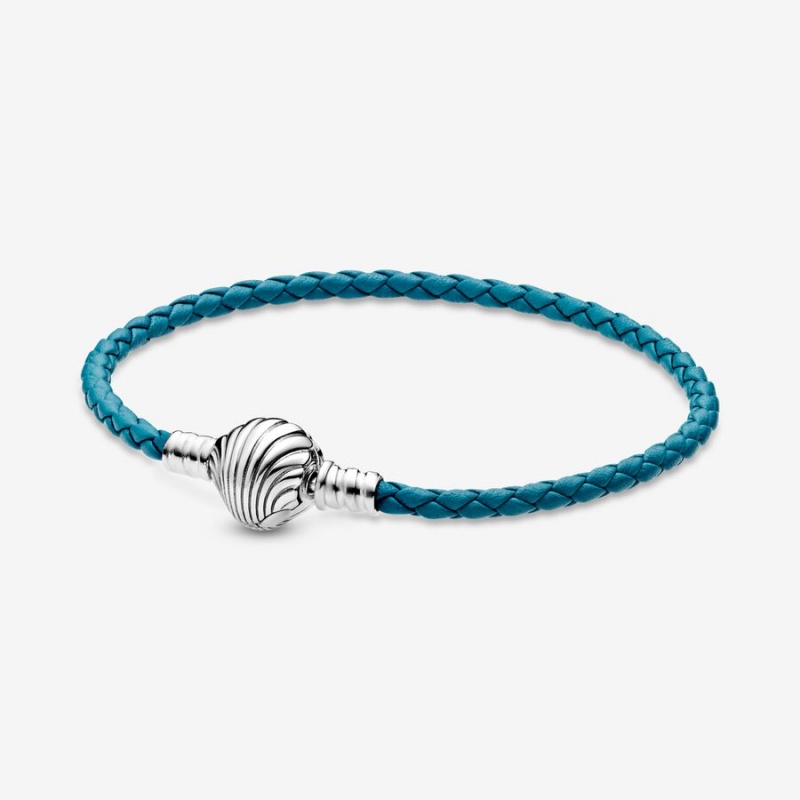 Pandora Moments Seashell Clasp Turquoise Braided Leather Charm Holders Sterling Silver | 283-UKPNIR