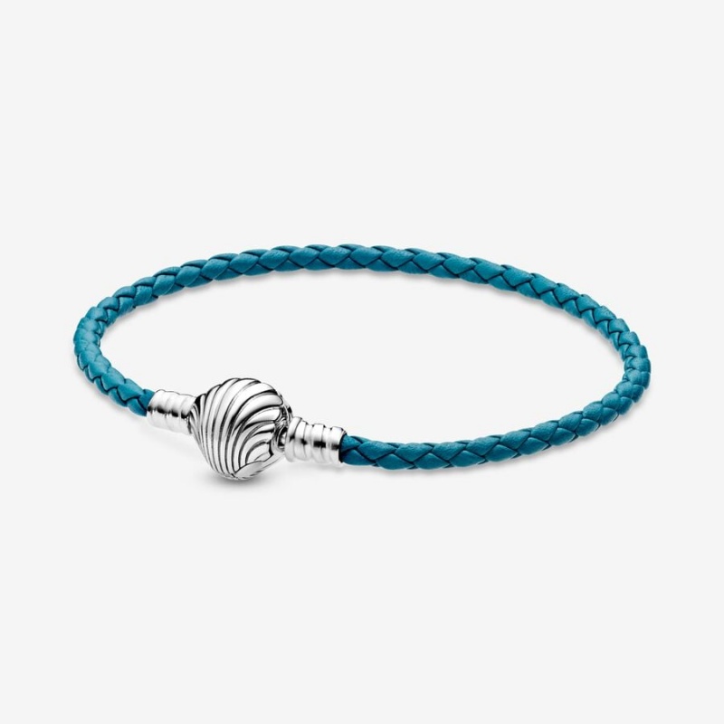 Pandora Moments Seashell Clasp Turquoise Braided Leather Bracelets Sterling Silver | 518-ZJQDNA