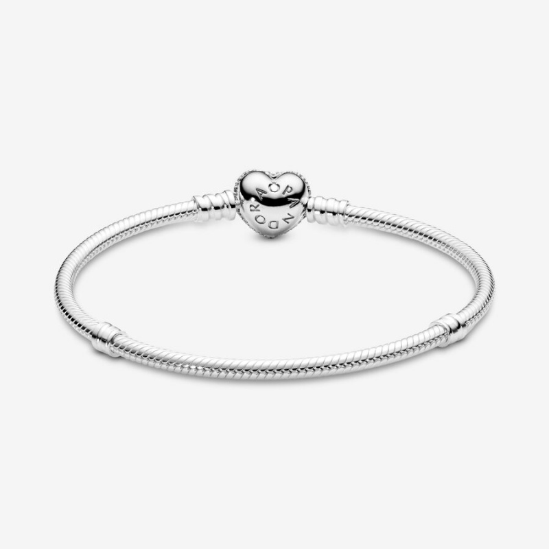 Pandora Moments Sparkling Heart Clasp Snake Charm Bracelets Sterling Silver | 078-POWEKV