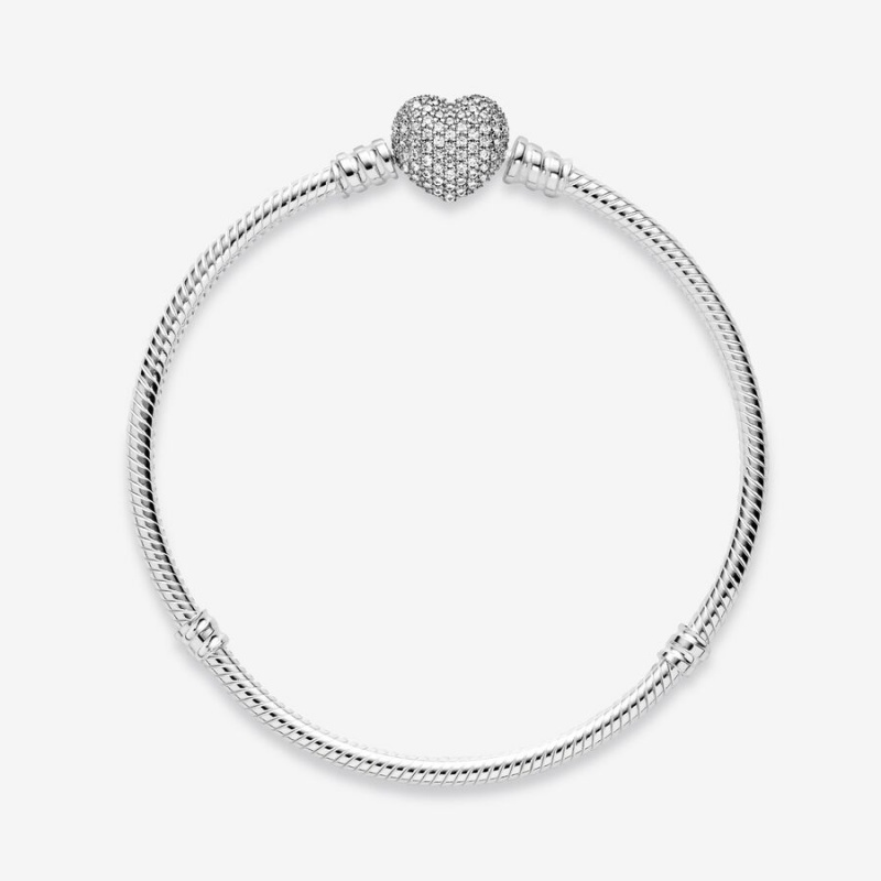 Pandora Moments Sparkling Heart Clasp Snake Charm Bracelets Sterling Silver | 078-POWEKV