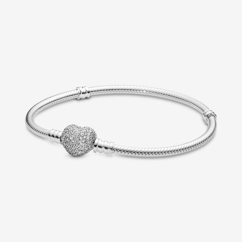 Pandora Moments Sparkling Heart Clasp Snake Charm Bracelets Sterling Silver | 078-POWEKV