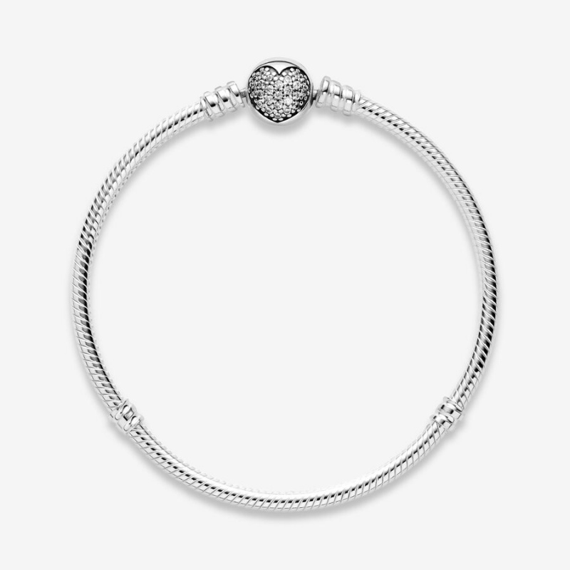 Pandora Moments Sparkling Heart Clasp Snake Charm Bracelets Sterling Silver | 514-WOESYG