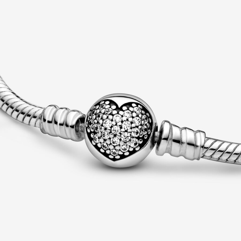 Pandora Moments Sparkling Heart Clasp Snake Charm Bracelets Sterling Silver | 514-WOESYG