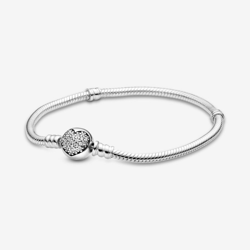 Pandora Moments Sparkling Heart Clasp Snake Charm Bracelets Sterling Silver | 514-WOESYG