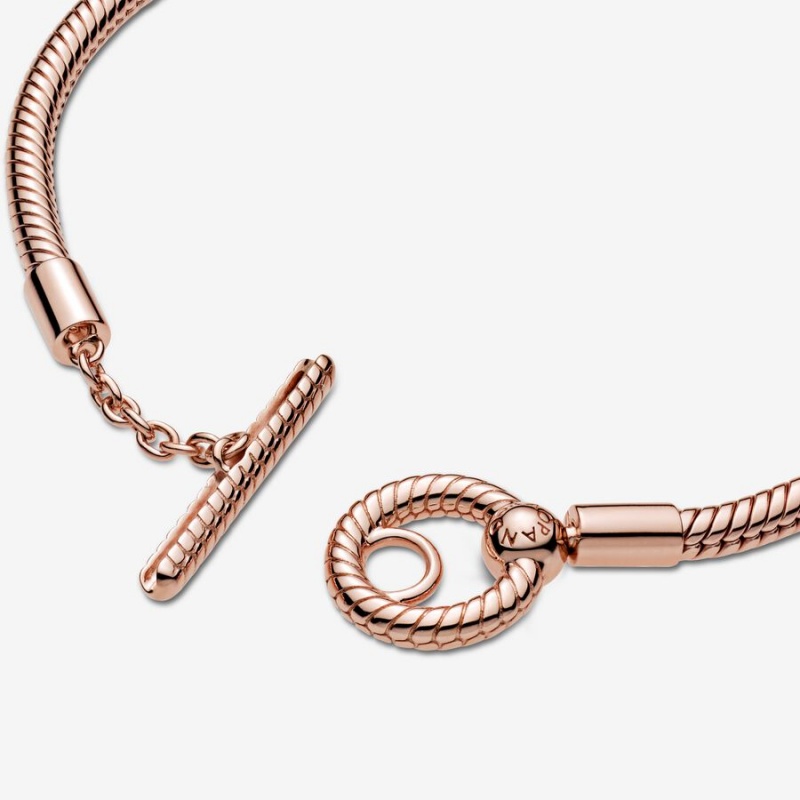 Pandora Moments T-Bar Snake Charm Bracelets Rose Gold Plated | 043-OGMHDJ