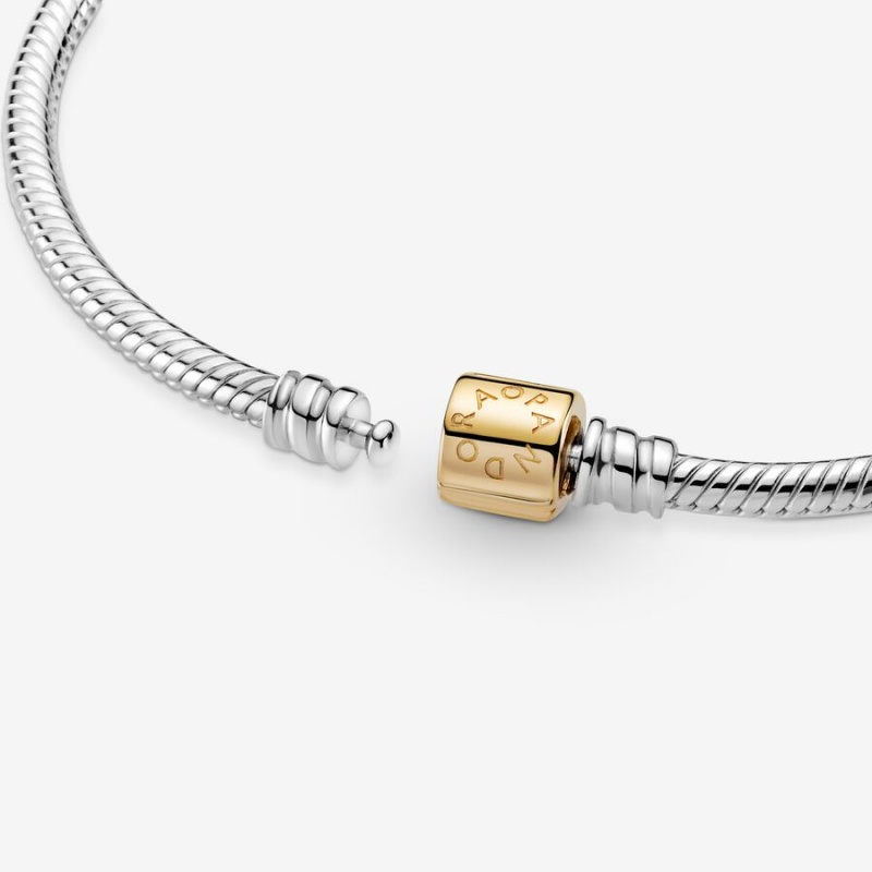 Pandora Moments Two-tone Barrel Clasp Snake Chain Bracelets Two-tone | 602-WMYKHA