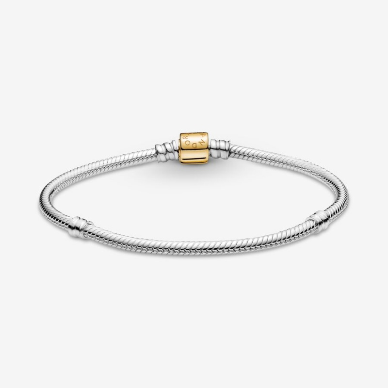 Pandora Moments Two-tone Barrel Clasp Snake Chain Bracelets Two-tone | 602-WMYKHA