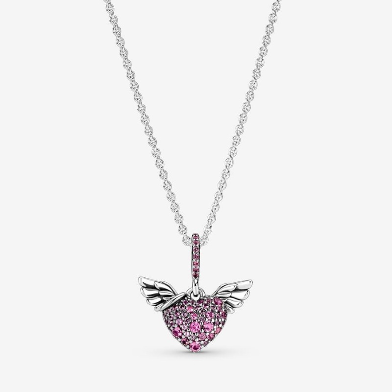 Pandora Pavé Heart & Angel Wings Pendant Necklaces Sterling Silver | 237-XIVDCP