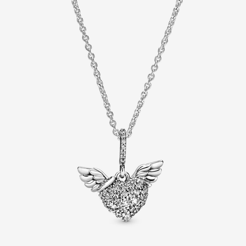 Pandora Pavé Heart and Angel Wings Pendant Necklaces Sterling Silver | 487-UMBGFN