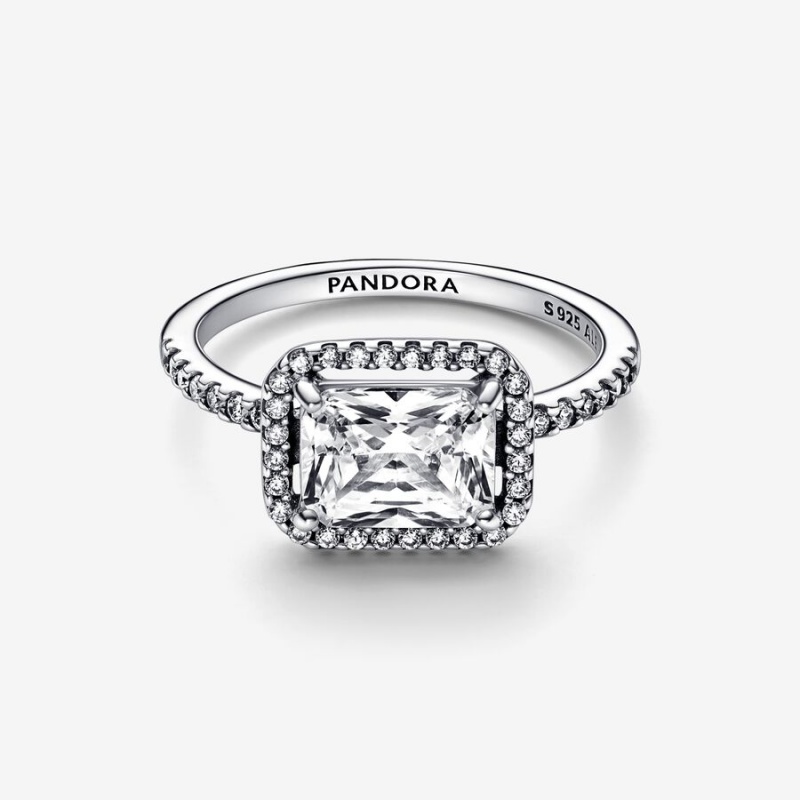 Pandora Rectangular Sparkling Halo Statement Rings Sterling Silver | 152-XWZVIA