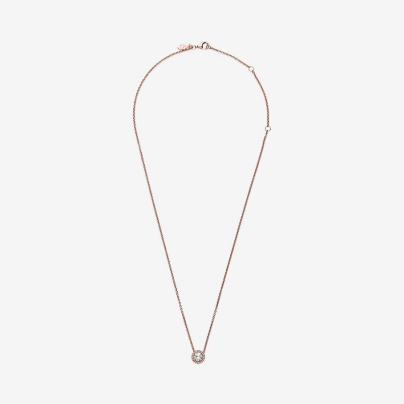 Pandora Round Sparkle Halo Chain Necklaces Rose Gold Plated | 912-SXZHTK