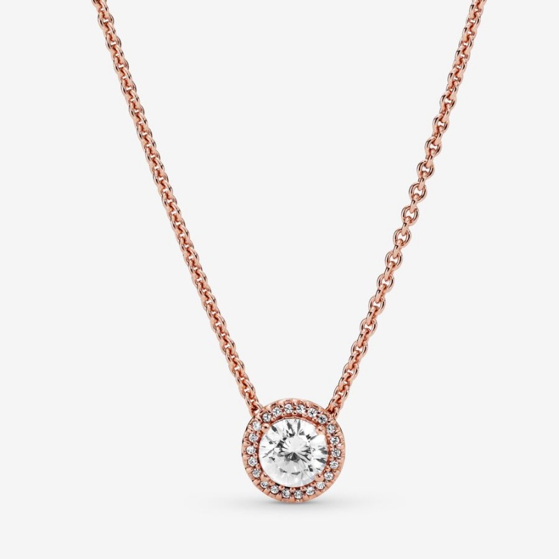 Pandora Round Sparkle Halo Chain Necklaces Rose Gold Plated | 912-SXZHTK