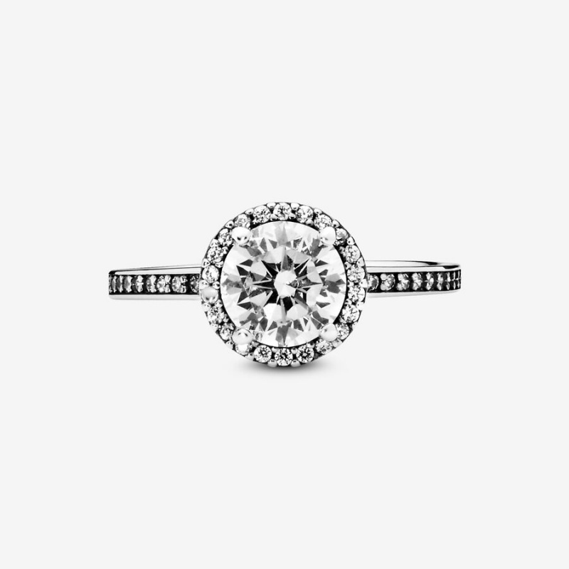 Pandora Round Sparkle Halo Halo & Solitaire Rings Sterling Silver | 596-MWPYFH