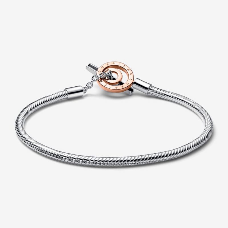 Pandora Signature Two-tone Logo T-Bar Snake Charm Bracelets Two-tone | 502-WLIQXA