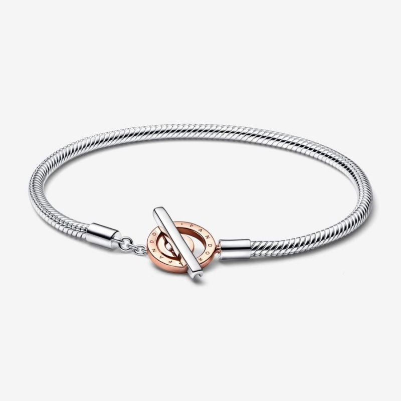 Pandora Signature Two-tone Logo T-Bar Snake Charm Bracelets Two-tone | 502-WLIQXA