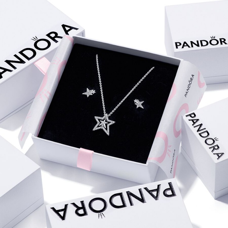 Pandora Sparkling Asymetric Star Jewelry Gift Set Pendant Necklaces Sterling Silver | 593-YUPKTV