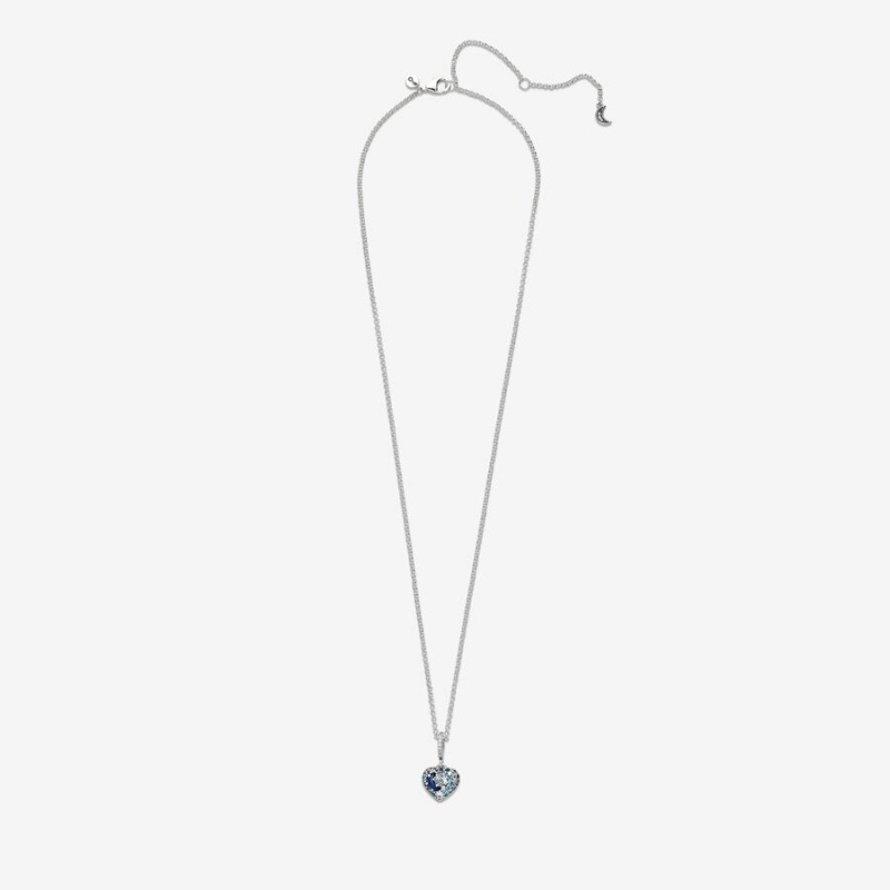 Pandora Sparkling Blue Moon & Stars Heart Pendant Necklaces Sterling Silver | 524-LNEFOV