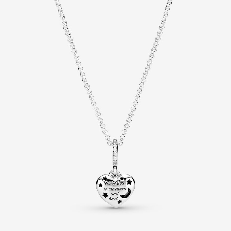 Pandora Sparkling Blue Moon & Stars Heart Pendant Necklaces Sterling Silver | 524-LNEFOV