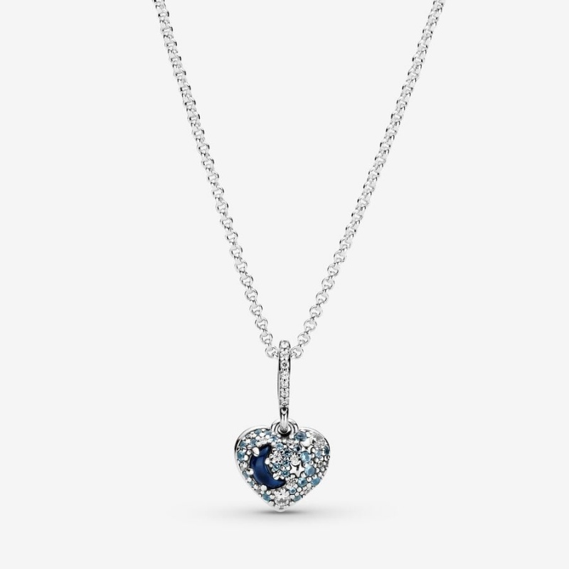 Pandora Sparkling Blue Moon & Stars Heart Pendant Necklaces Sterling Silver | 524-LNEFOV