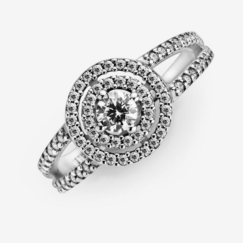 Pandora Sparkling Double Halo Halo & Solitaire Rings Sterling Silver | 782-TRNVYH