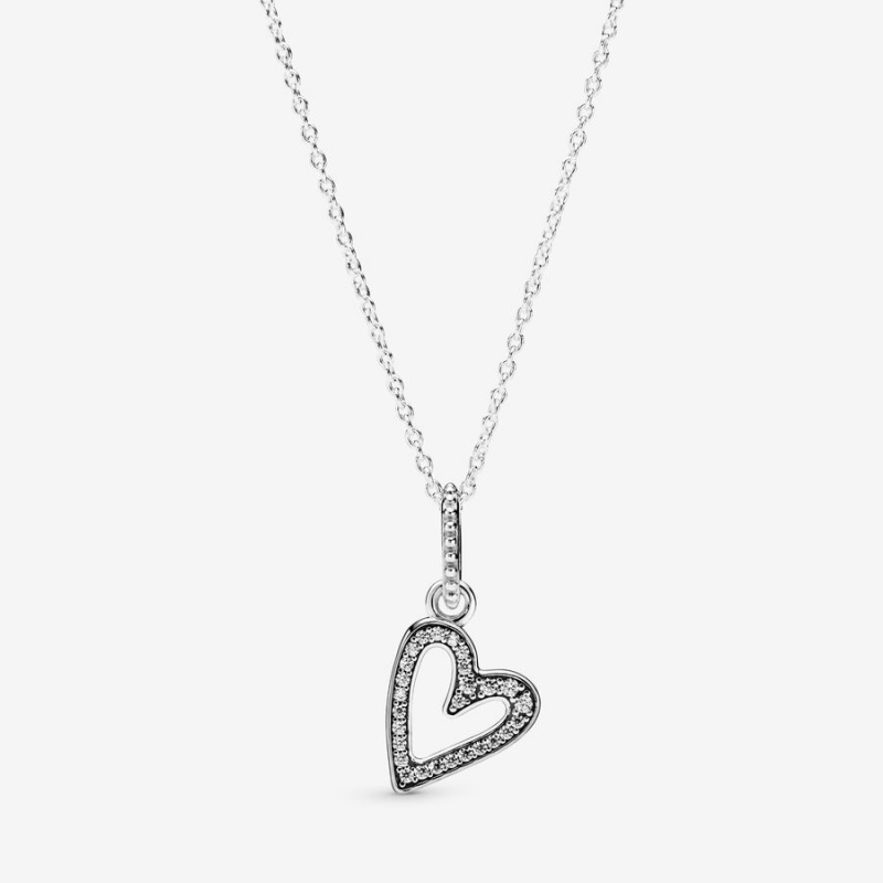 Pandora Sparkling Freehand Heart Pendant Necklaces Sterling Silver | 157-JSZRPC