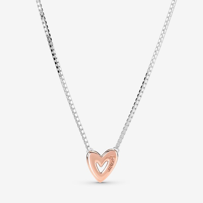 Pandora Sparkling Freehand Heart Pendant Necklaces Two-tone | 603-MJYPCG