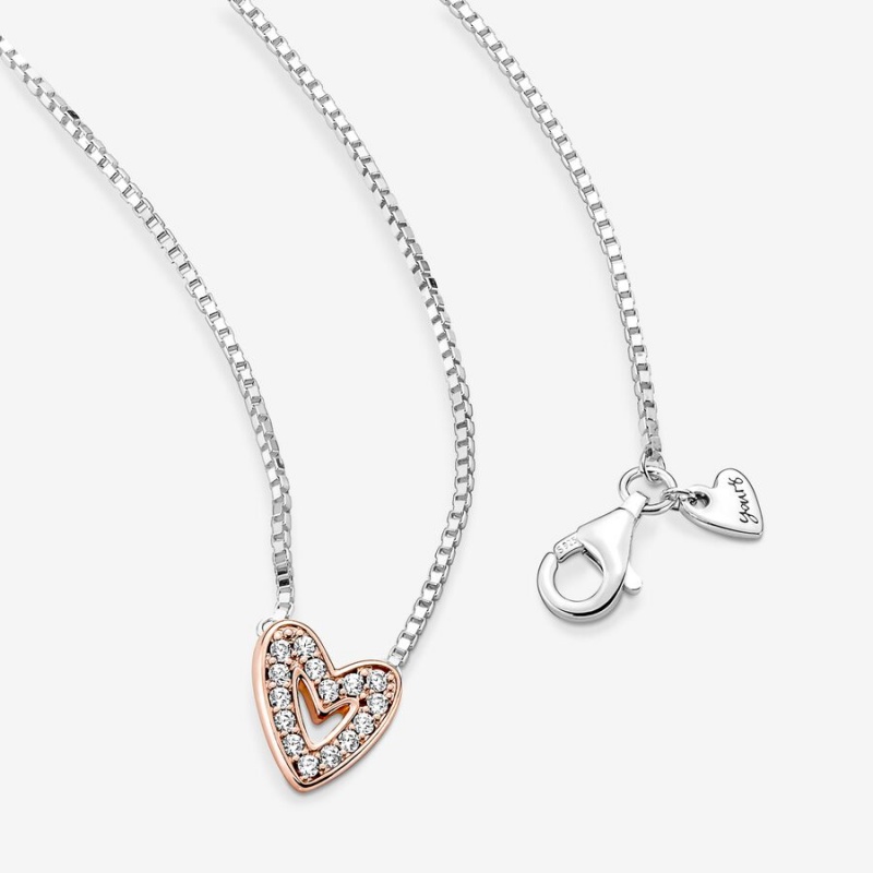 Pandora Sparkling Freehand Heart Pendant Necklaces Two-tone | 603-MJYPCG