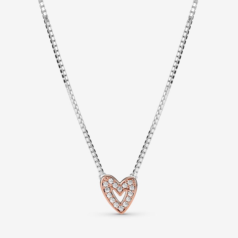 Pandora Sparkling Freehand Heart Pendant Necklaces Two-tone | 603-MJYPCG