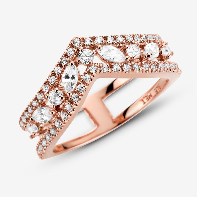 Pandora Sparkling Marquise Double Wishbone Statement Rings Rose Gold Plated | 860-OUPICE