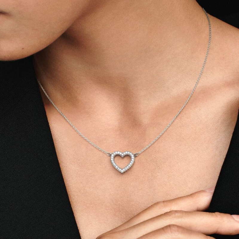 Pandora Sparkling Open Heart Chain Necklaces Sterling Silver | 518-YKZBJG