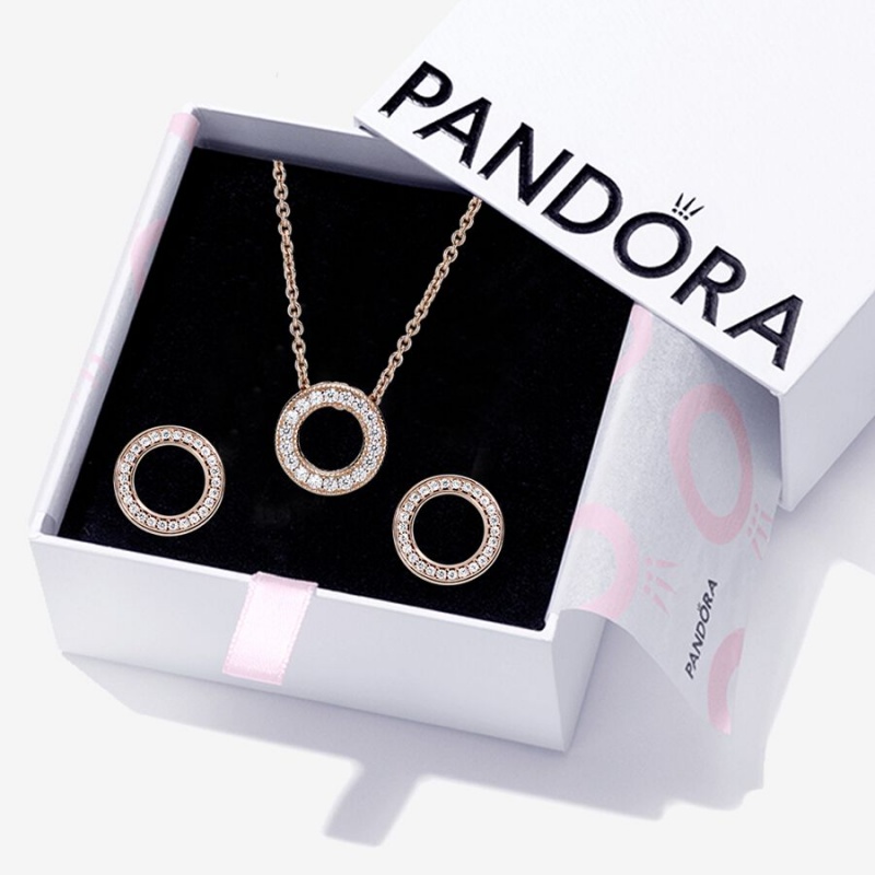 Pandora Sparkling Pave Circle Jewelry Gift Set Necklace & Earring Sets Rose Gold Plated | 759-FIVYAH