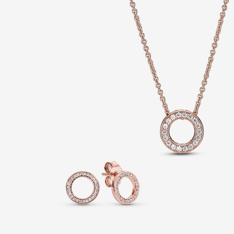 Pandora Sparkling Pave Circle Jewelry Gift Set Necklace & Earring Sets Rose Gold Plated | 759-FIVYAH