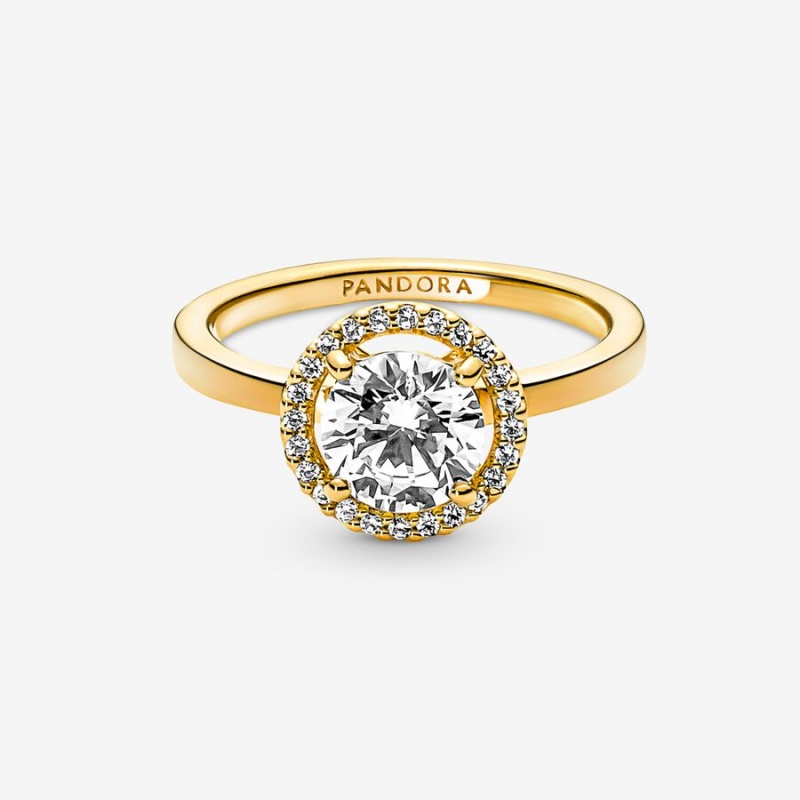 Pandora Sparkling Round Halo Halo & Solitaire Rings Gold Plated | 845-QEBCRI