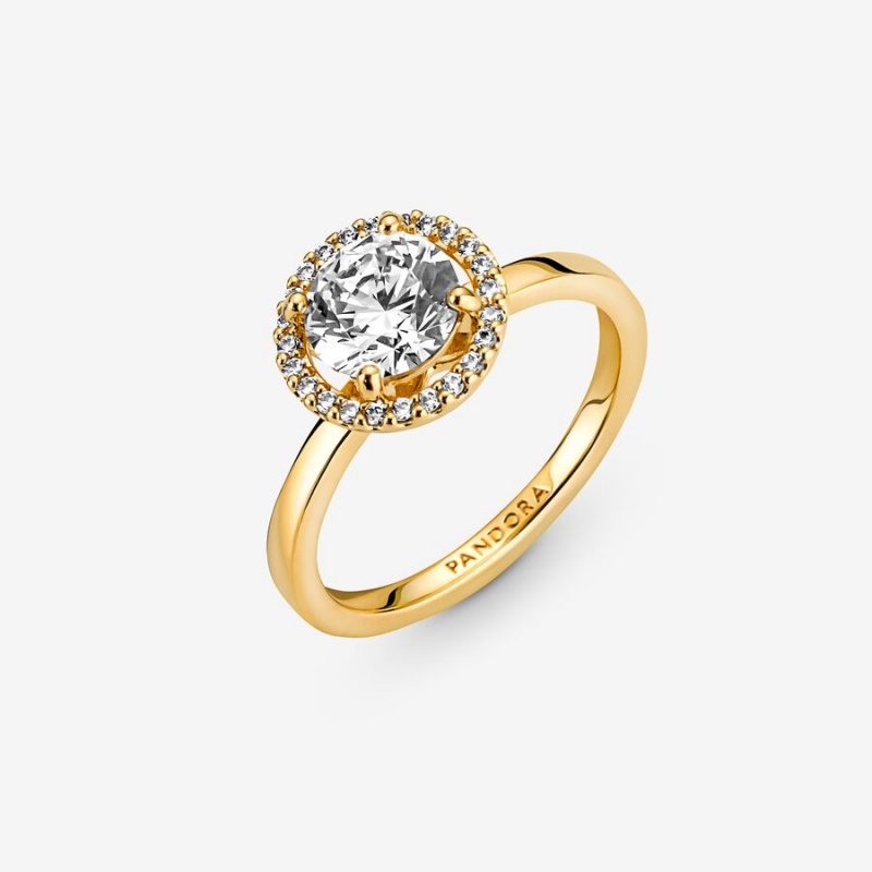 Pandora Sparkling Round Halo Halo & Solitaire Rings Gold Plated | 845-QEBCRI