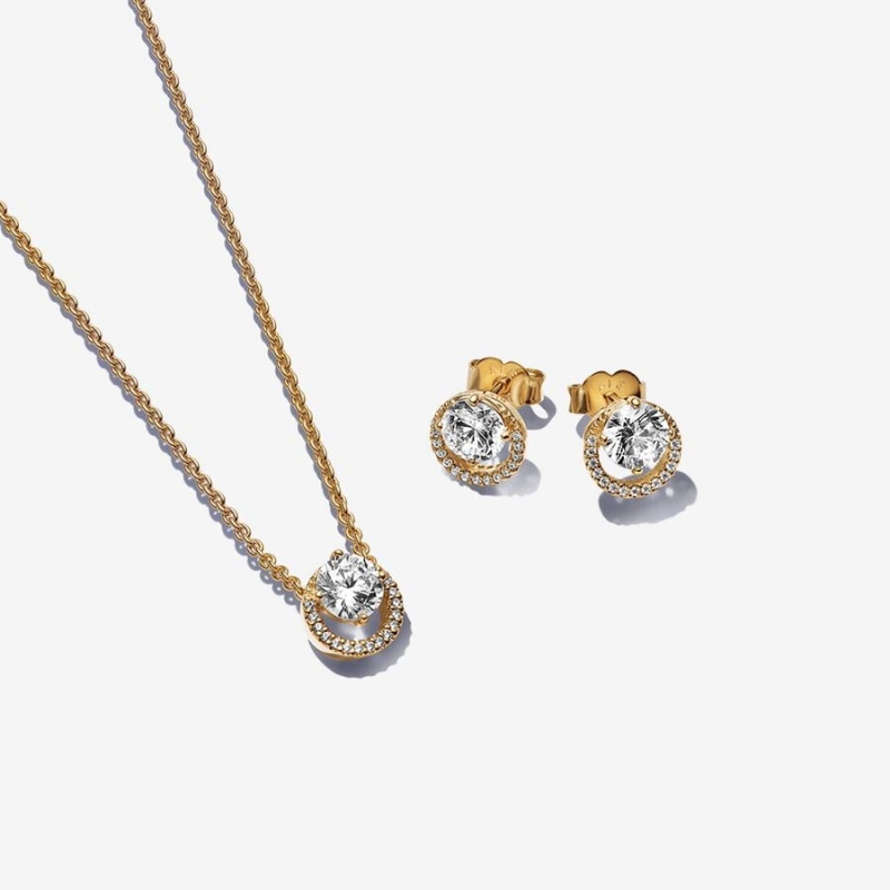 Pandora Sparkling Round Halo Jewelry Gift Set Necklace & Earring Sets Gold | 698-FQGLXW