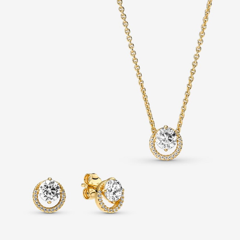 Pandora Sparkling Round Halo Jewelry Gift Set Necklace & Earring Sets Gold | 698-FQGLXW