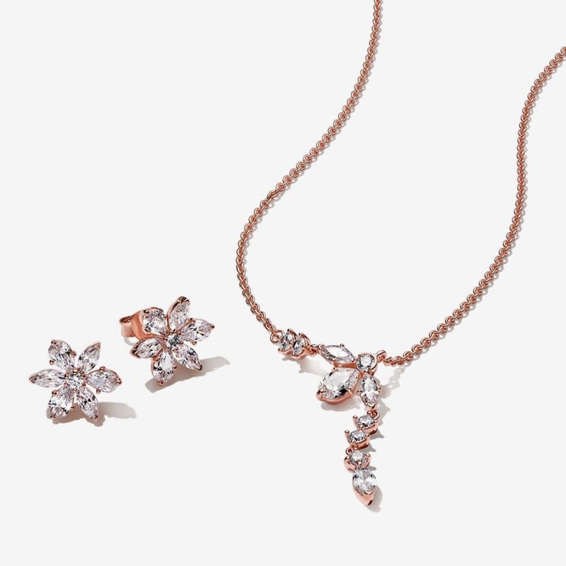 Pandora Sparkling Snowflake Jewelry Gift Set Necklace & Earring Sets Rose Gold Plated | 763-IGTFRA