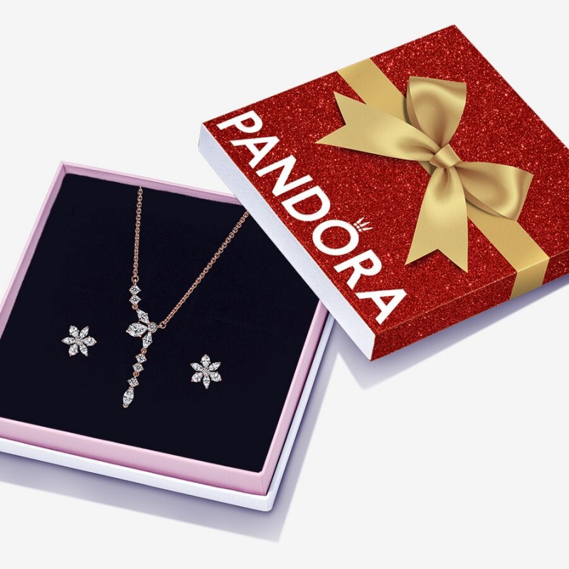 Pandora Sparkling Snowflake Jewelry Gift Set Necklace & Earring Sets Rose Gold Plated | 763-IGTFRA