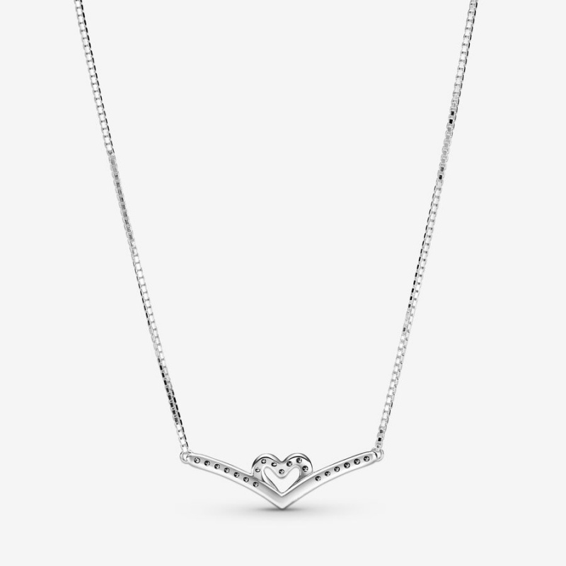 Pandora Sparkling Wishbone Heart Collier Pendant Necklaces Sterling Silver | 310-KCGAJU