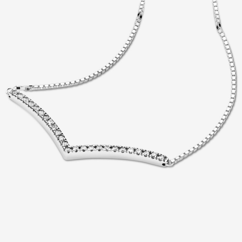 Pandora Sparkling Wishbone Pendant Necklaces Sterling Silver | 950-WBZFVS