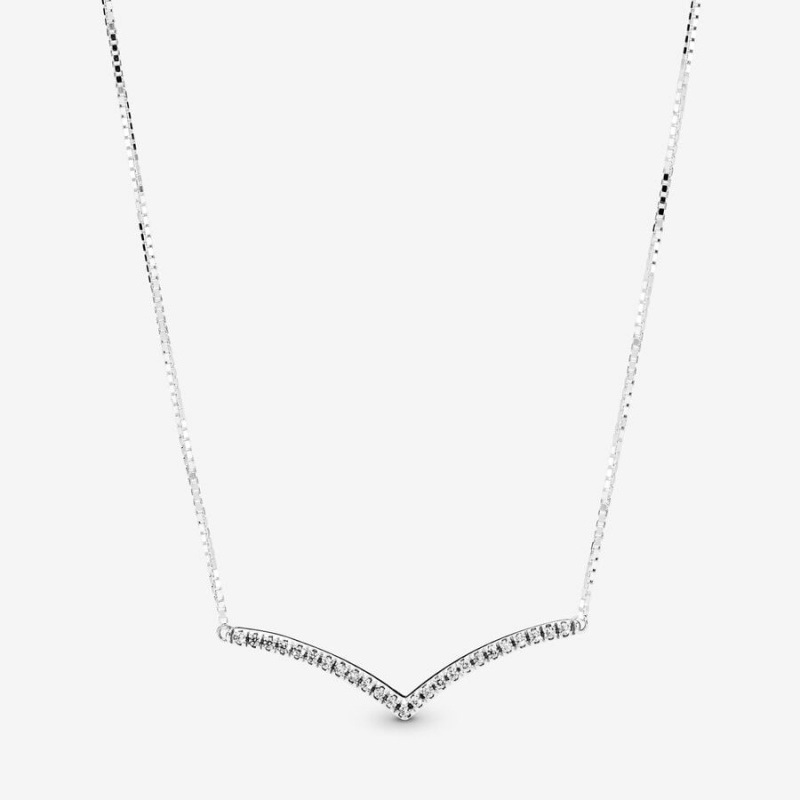 Pandora Sparkling Wishbone Pendant Necklaces Sterling Silver | 950-WBZFVS