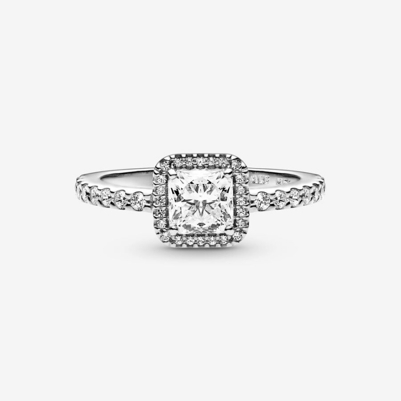 Pandora Square Sparkle Halo Halo & Solitaire Rings Sterling Silver | 839-PYZCIU