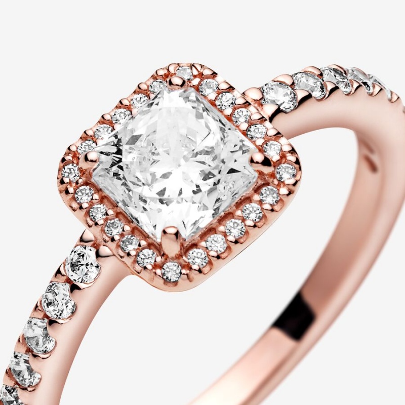 Pandora Square Sparkle Halo Halo & Solitaire Rings Rose Gold Plated | 312-WBSGCQ