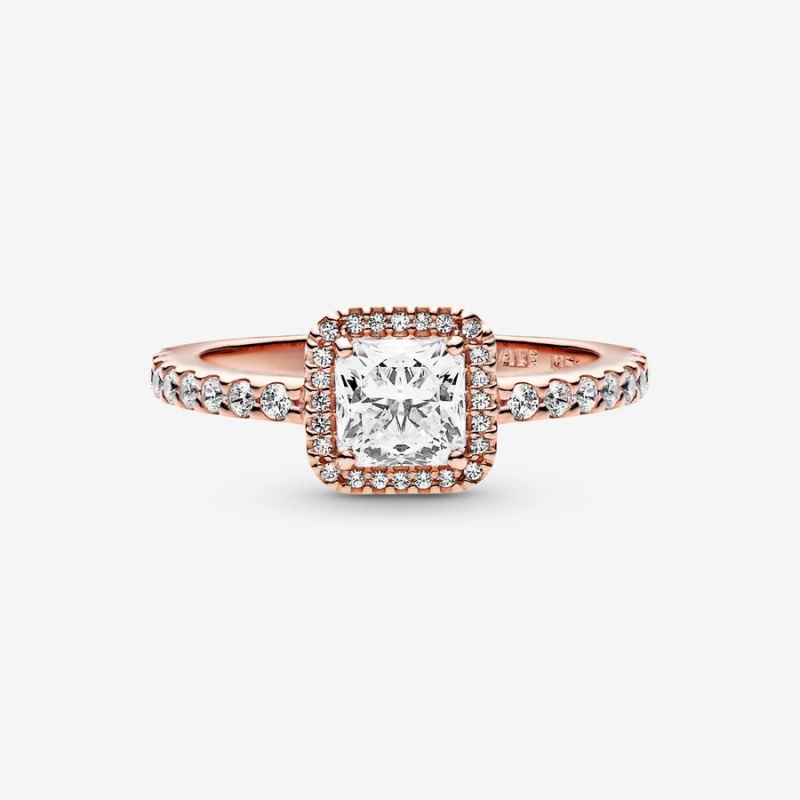 Pandora Square Sparkle Halo Halo & Solitaire Rings Rose Gold Plated | 312-WBSGCQ