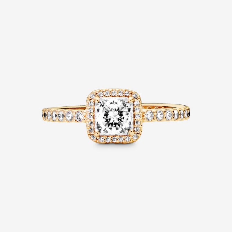 Pandora Square Sparkle Halo Halo & Solitaire Rings Gold | 185-XTCEQV