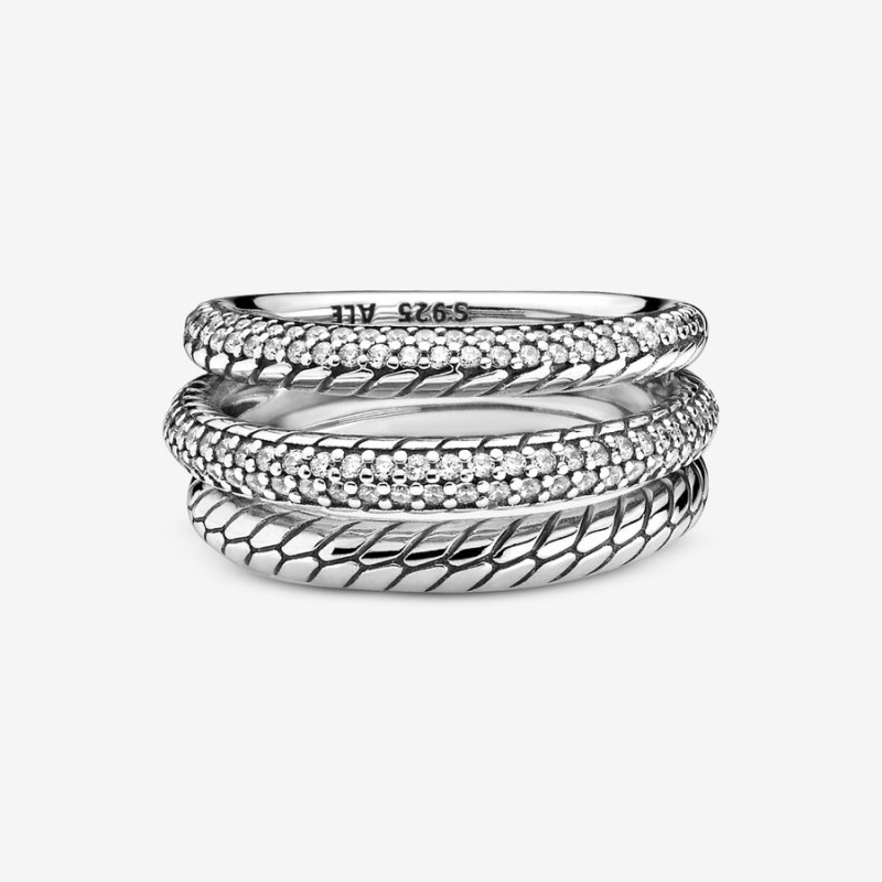 Pandora Triple Band Pavé Snake Chain Pattern Statement Rings Sterling Silver | 210-GOPSHC